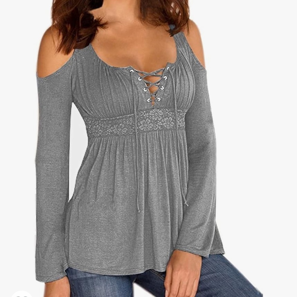 Lace-Up Cold-Shoulder Blouse in Grey
